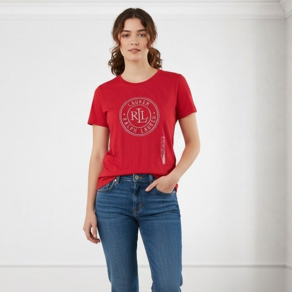 Lauren Ralph Lauren Womens Red Silver Glitter RLL Crest Logo Graphic Tee XS NEW